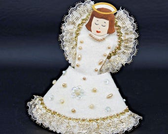 Vintage Felt Christmas Ornament Angel Handmade Beaded Lace Paper Face 1950s 5"