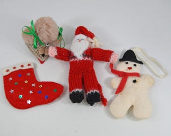 Vintage Felt Crochet Knit Handmade Christmas Ornament Lot Santa Snowman Retro