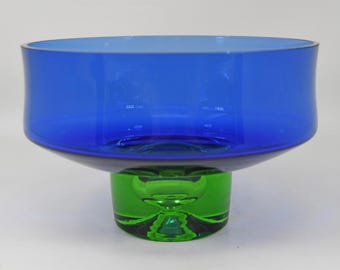 Aseda Swedish Blue Green Bubble Art Glass Bowl Vase Mid Century Borgstrom AS IS