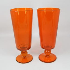 Mid Century Orange Glas Wasserbecher Bubble Knob Stem 7 ""2er Set Vintage B."