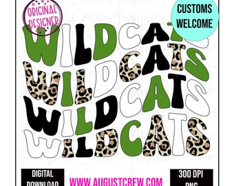 May include: Digital download of a graphic design featuring the word "Wildcats" in a variety of styles, including green, black, white, and leopard print. The design is perfect for use on t-shirts, mugs, tote bags, and other merchandise.