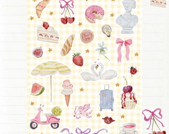 Stickervel - Zomerse motieven - Stickers, scrapbooking, journaling, junk journal | kreeften, kersen, ijs, taart, reizen, eten...