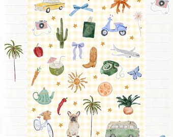 Stickervel - Zomerse motieven - Stickers, scrapbooking, journaling, junk journal | kreeften, kersen, ijs, taart, reizen, eten...