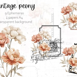 Clip Art Pivoine vintage, éphémères scrapbooking vintage, Illustration Numérique de fleurs, Pivoines, Scrapbooking, téléchargement numérique