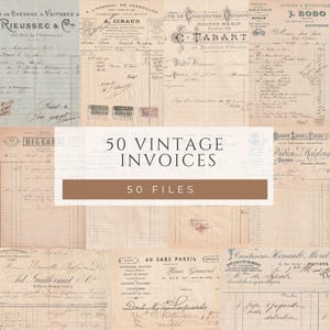 Könnte beinhalten: Eine Collage aus 50 Vintage-Rechnungen, jede mit einzigartigem handschriftlichem Text und verblasster Tinte. Die Rechnungen stammen von verschiedenen Unternehmen und weisen unterschiedliche Schriftarten und Stile auf. Der Text "50 Vintage-Rechnungen" und "50 Dateien" wird in einem braunen Rechteck angezeigt.