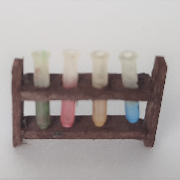 miniature test tube rack with 4 different coloured tubes, rustic test tube rack,chemist,alchemist, scientist, miniature dollshouse accessory