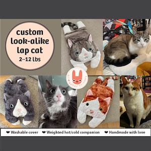 May include: A custom look-alike lap cat plush toy weighing 2-12 lbs, featuring a washable cover and weighted hot/cold companion design. The image displays various plush cat replicas alongside real cats and the text custom look-alike lap cat.