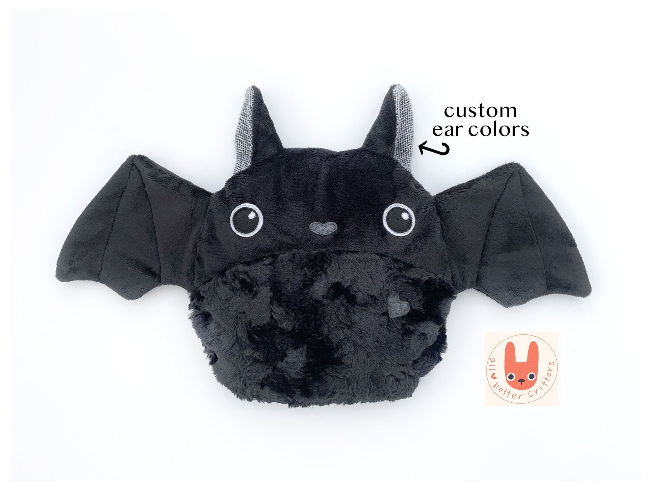 Cute Black Bat Weighted Plush Animal | Warm/Cool Pack Heatable Lap Pad | Washable | Custom Handmade Hug Pillow | Best Friend Comfort Gift