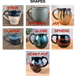 May include: A collection of handmade ceramic mugs in various shapes, including Stein, Artisan, Jar, Classic, Globe, Sphere, and Honey Pot. Each mug features unique color combinations and designs, with the word "SHAPES" at the top.