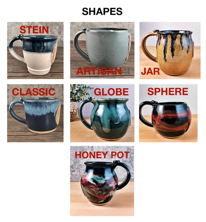 May include: A collection of handmade ceramic mugs in various shapes, including Stein, Artisan, Jar, Classic, Globe, Sphere, and Honey Pot. Each mug features unique color combinations and designs, with the word "SHAPES" at the top.