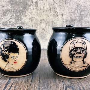 Custom hand thrown Frankenstein and bride of Frankenstein Mugs- classic horror -couple gift.