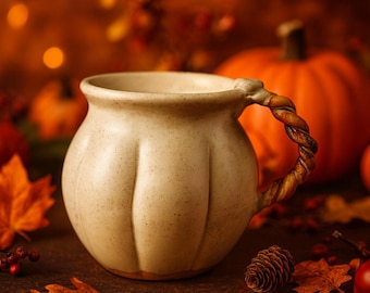 May include: A cream-colored ceramic mug with a twisted handle, set against a backdrop of pumpkins, fall leaves, and berries. The mug has a textured surface and a unique, rustic design, perfect for autumn decor.