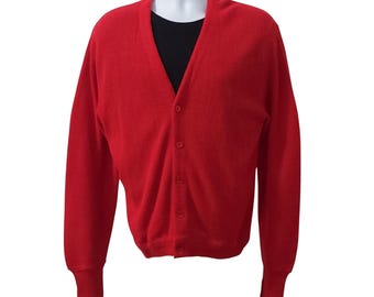 Lord Jeff Mens Cardigan Size Medium Red Vtg Grandpa Core Sweater DuPont Orlon