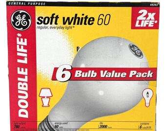 GE Soft White 60 Watt Light Bulbs 6 PACK Double Life  A19 New Old Stock