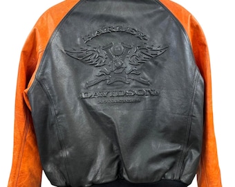 Harley Davidson Leather Varsity Jacket Men’s XL Black Orange Embossed Logo