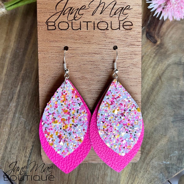 Hot Pink Earrings, Statement Earrings, Pink Jewelry, Pink Earrings, Pink Jewelry, Leather Earring, Shimmery Earring