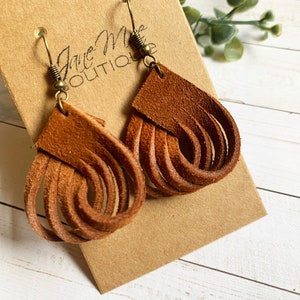 Brown Suede Earring, Fringe Loop Earring, Suede Jewelry, Loop Earrings, Simple Jewelry, Minimalist Earring, Women's Gift