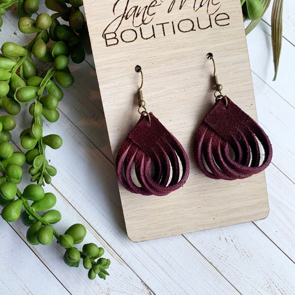 Fall Earrings, Maroon Suede Earring, Fringe Loop Earring, Suede Jewelry, Loop Earrings, Simple Jewelry, Minimalist Earring, Women's Gift