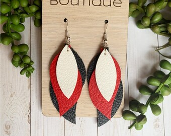 Leather Earrings, UGA Earrings, Genuine Leather Statement Earrings, Red and Black Leather, Gameday Jewelry, Women's Gift, Georgia Dawgs