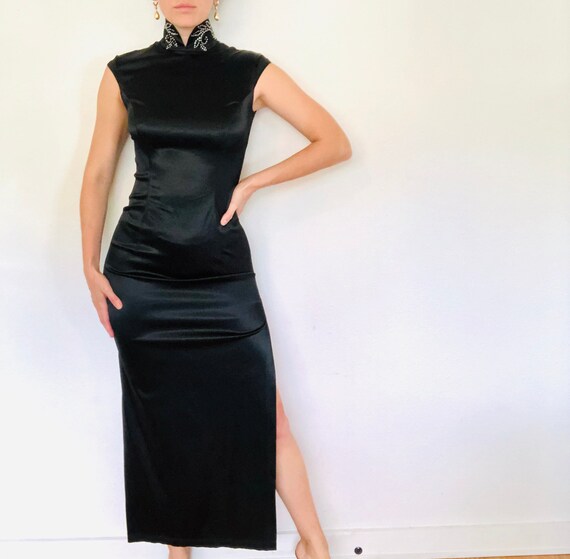 1990s Vintage Qipao Rhinestone Party Dress, Black