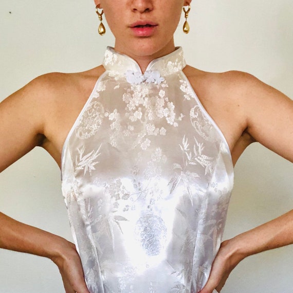 1990s Vintage Pearl White Maxi Qipao Cherry Blosso