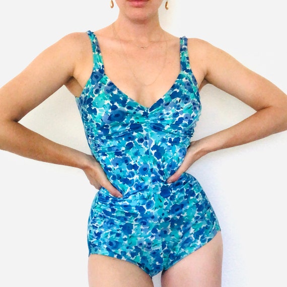 Vintage Retro 1980s Gabar Swimsuit, Blue Floral Pr
