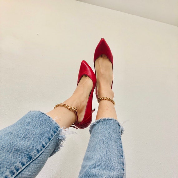 Vintage Red Leather Cuban Link Heels, Vintage Stat