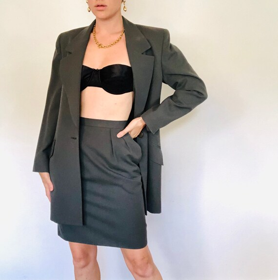 Vintage 1990s Olive Green Skirt Suit, Iconic Style