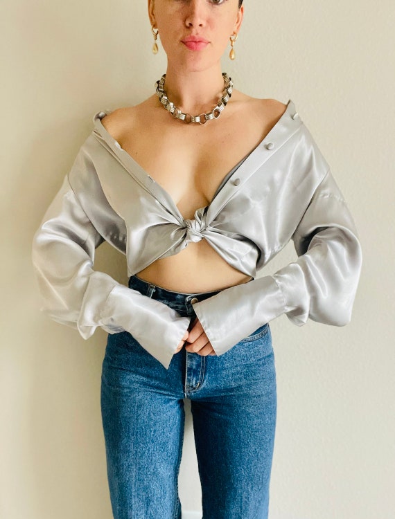 Beautiful Vintage Silky Silver Button down shirt,