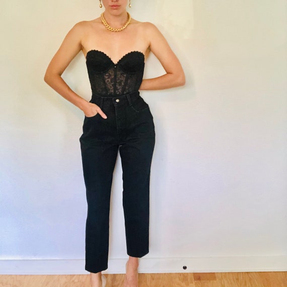 Vintage High Rise Black Denim Jeans, High Waisted