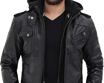 leather jacket with fur hood