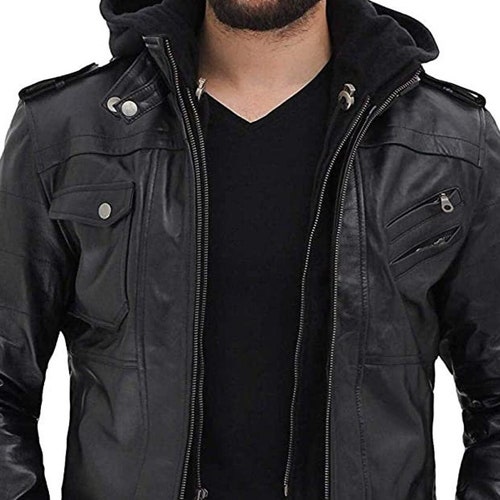 Men's Black Hooded Leather Jacket Biker Motorcycle Etsy