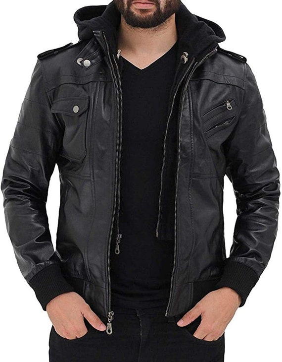 Mens Black Leather Jacket Hand Made Real Leather Top Hooded - Etsy UK