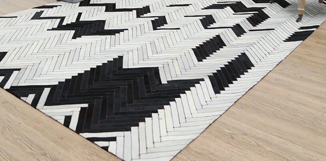 Handmade Cowhide Patchwork Rug Herringbone Black and White Etsy