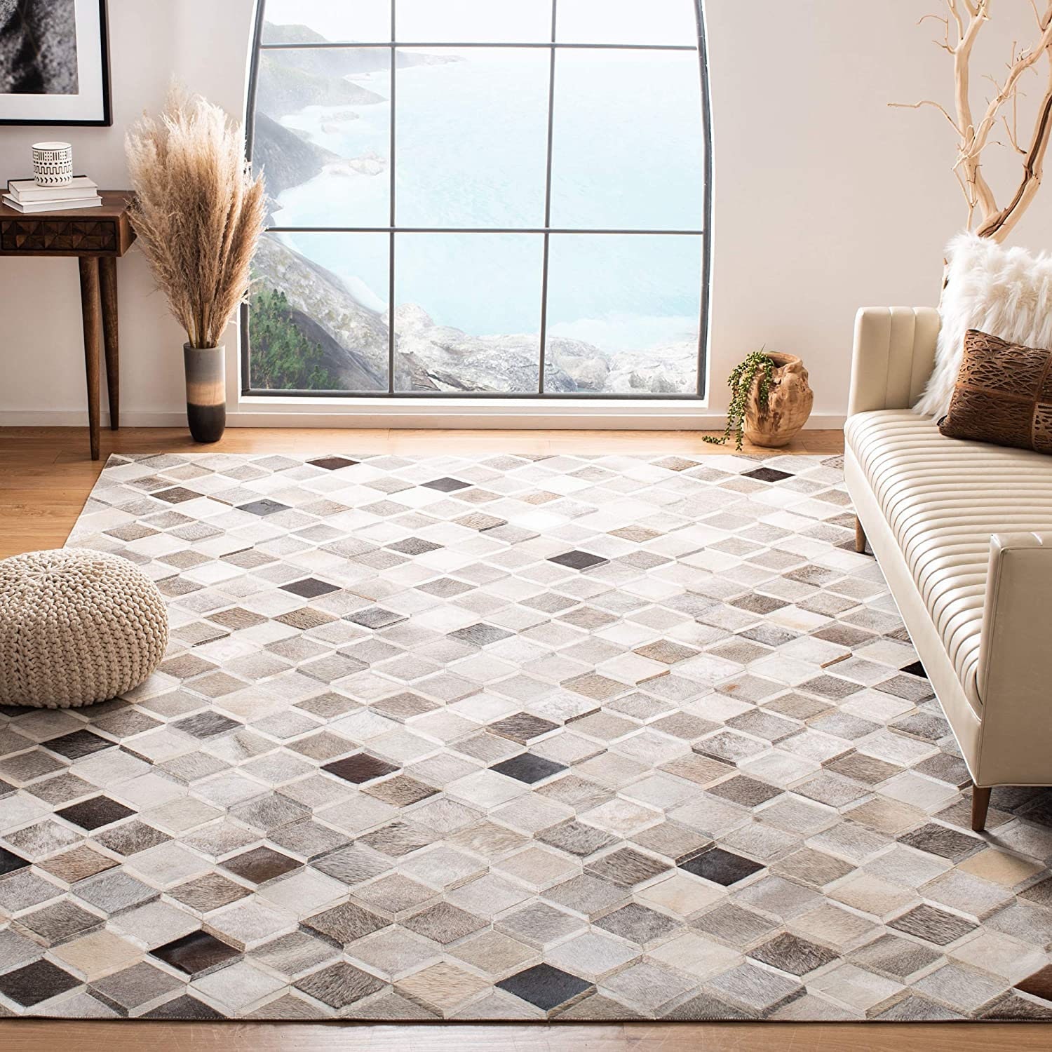 Handmade Grey and White Cowhide Patchwork Rug 3D Square Design Cow Skin Cow Hide Leather Gray