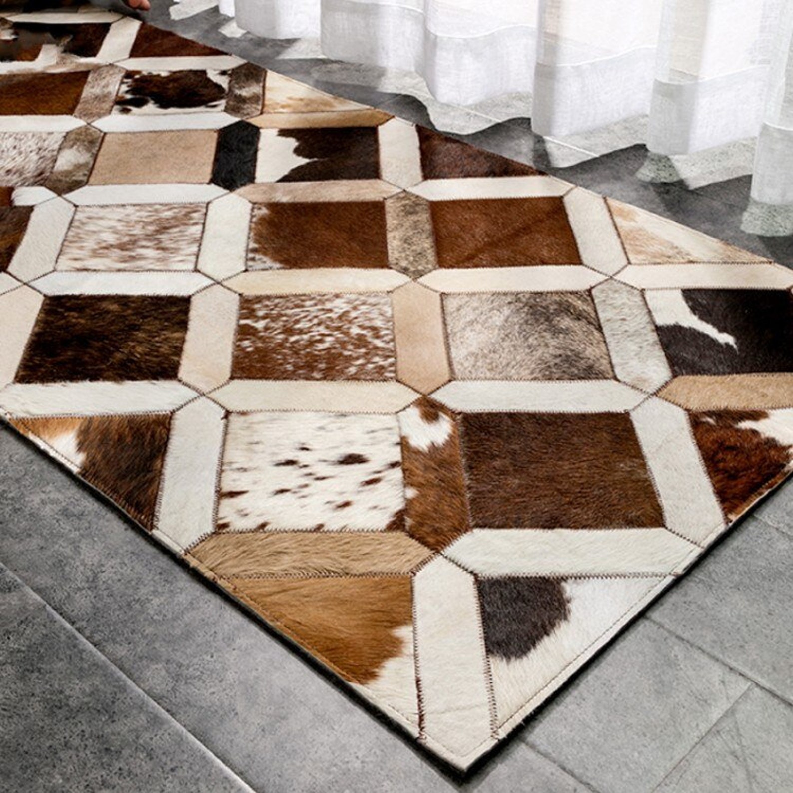 Handmade Tricolor Cowhide Patchwork Rug Geometric Design Cow Etsy