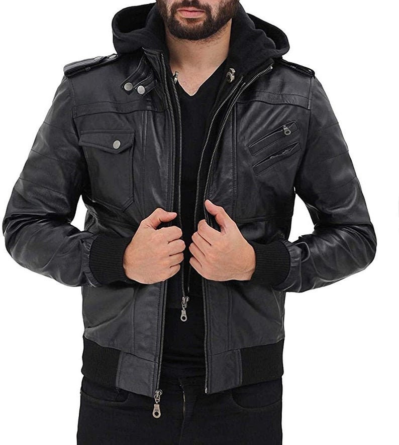 Mens Black Leather Jacket Hand Made Real Leather Top Hooded - Etsy UK