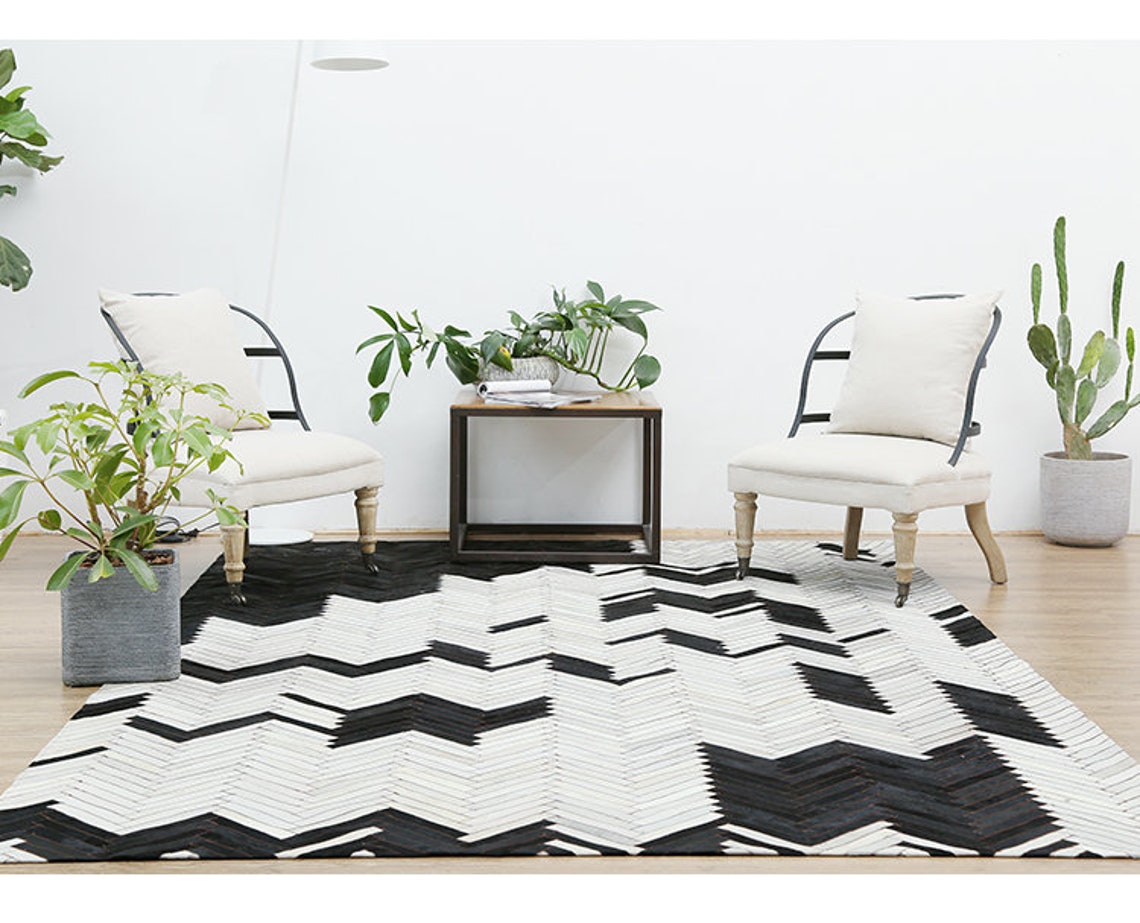 Handmade Cowhide Patchwork Rug Herringbone Black and White Etsy