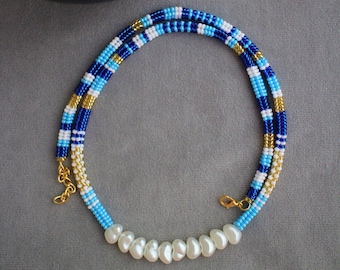Blue Handwoven Beaded Necklace: Boho Chic Glass Seed Bead Choker