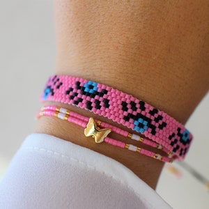 Pink Miyuki Bracelet, Evil Eye Brcalet, Personalized Gift, Gift for Her, Friendship Armband, Friendship Bracelet, Loom Bracelet Jewelry