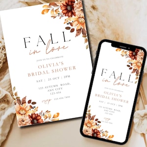 Terracotta Bridal Shower Invitation Template, Fall in Love Bridal Shower Invite, Boho Fall Wedding Shower Evite, Rustic Fall Bridal Shower