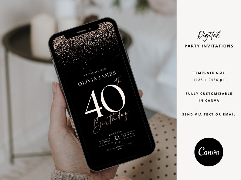 Op de afbeelding: Een digitale uitnodigingstemplate voor een 40e verjaardag. De template heeft een zwarte achtergrond met gouden glitter en de tekst "YOU'RE INVITED OLIVIA JAMES 40th Birthday". De template is aanpasbaar in Canva en kan via sms of e-mail worden verzonden.