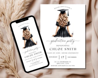 May include: A graduation party invitation with a black and white design. The invitation features a woman in a black graduation gown and cap, with blonde hair. The text on the invitation reads "Please join us for a graduation party honoring Chloe Smith, Class of 20XX/Enter University, Saturday | 17 | December, at 123 Anywhere St., Any City, 12345, RSVP by 20th Nov 123-456-7890."