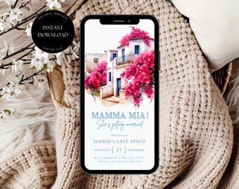 Mamma Mia thema vrijgezellenfeest uitnodigingssjabloon, Mamma Mia Dancing Queen vrijgezellenfeest uitnodiging, laatste disco vrijgezellenfeest uitnodiging