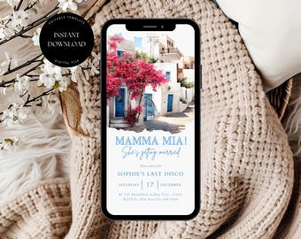 Mamma Mia thema vrijgezellenfeest uitnodigingssjabloon, Mamma Mia Dancing Queen vrijgezellenfeest uitnodiging, laatste disco vrijgezellenfeest uitnodiging