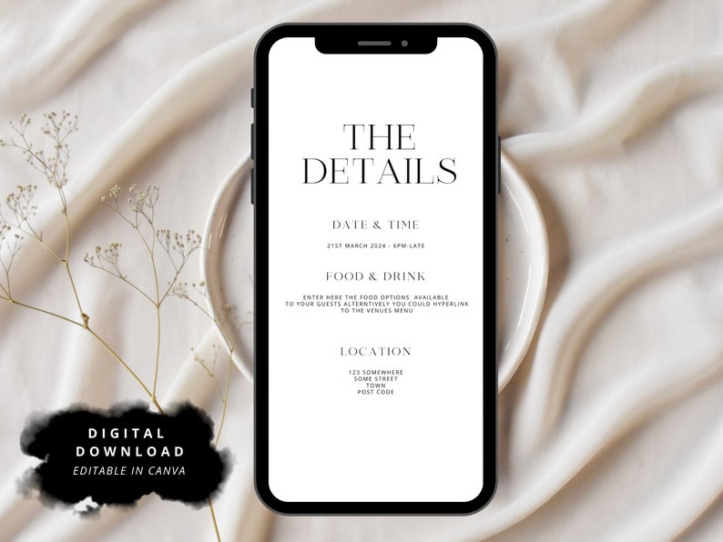 May include: A digital download template for a wedding invitation or save the date card. The template is designed in a minimalist style with black text on a white background. The text includes "The Details", "Date & Time", "Food & Drink", and "Location".