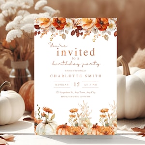 Fall Pumpkin Birthday Invitation Template, Autumn Theme (Digital)