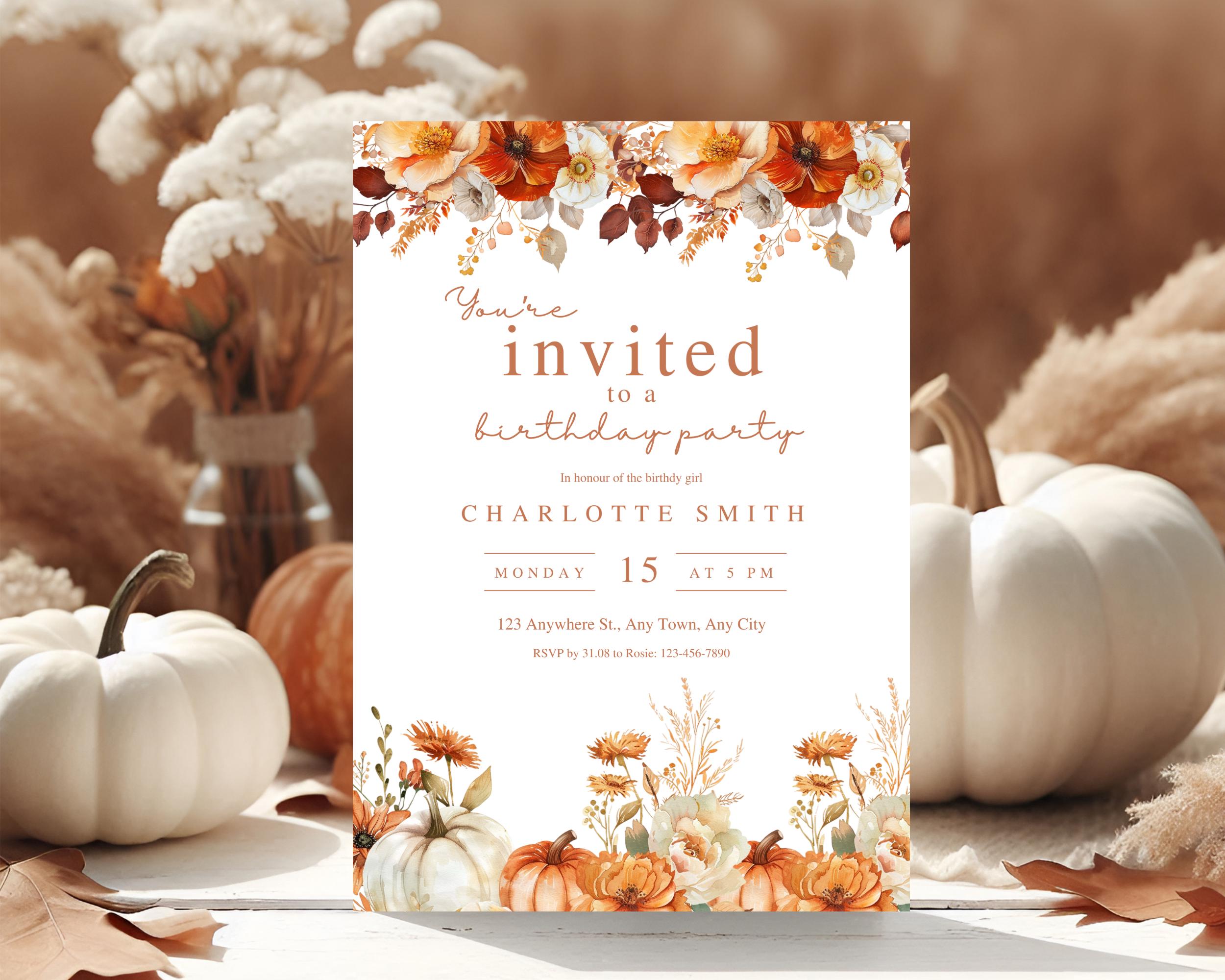 Fall Birthday Party Invitation Template, Fall Pumpkin Birthday Party ...
