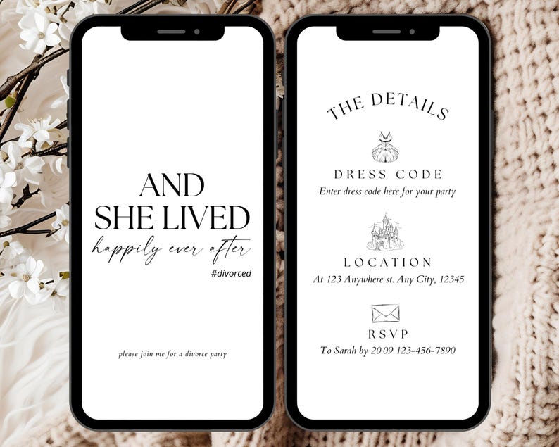 May include: A black and white digital invitation for a divorce party. The invitation reads "And she lived happily ever after #divorced". The invitation also includes the details of the party, including the dress code, location, and RSVP information.