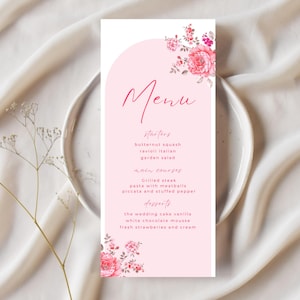 Plantilla de menú de desayuno de boda con flores rosas editable, plantilla de menú rosa para despedida de soltera, menú de despedida de soltera en rosa, lista de menú imprimible